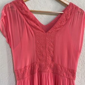 Lucky Brand Embroidered V Neck Hi Low Boho Coral Salmon Dress